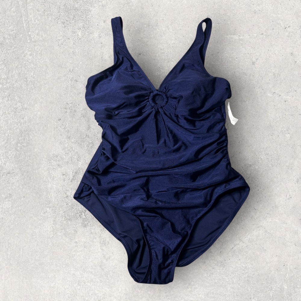 New Lands' End One Piece Swimsuit Women L 14-16 Blue‎ Ruched Tummy Control Ring